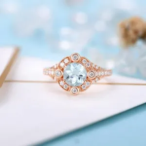 14k Rose Gold Aquamarine Milgrain Halo Engagement