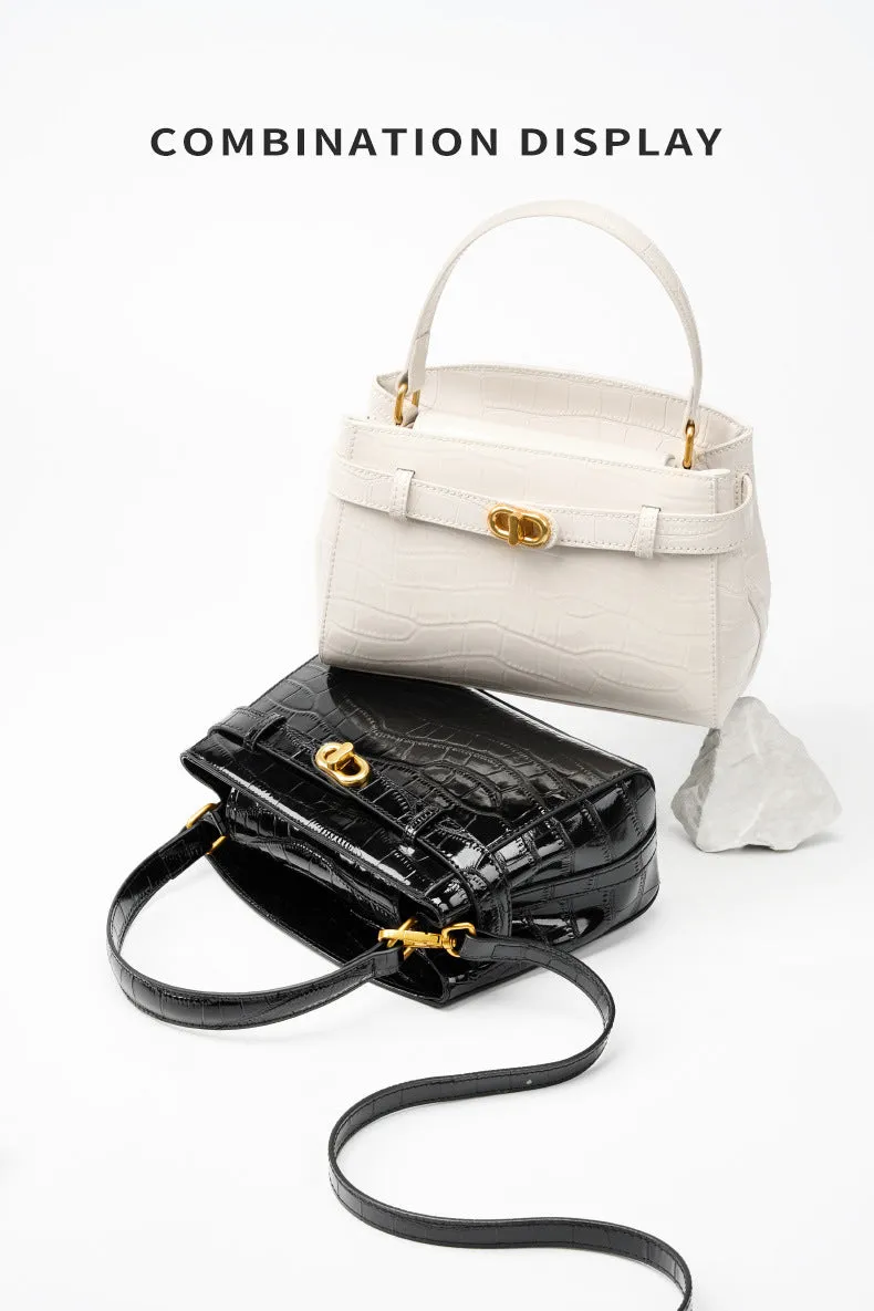 21.5CM Large Crocodile Pattern Lock Small Square Bag Crossbody Kelly Bag 2897 off white