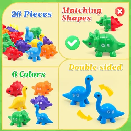 26Pcs Matching Letters Fine Motor Toy, Alphabet Match Game Educational Toys for Toddlers 1-3 Dinosaur Alphabet Learning Toy for Toddler Age 1, 2, 3 Montessori Preschool Educational Toy（New Model）