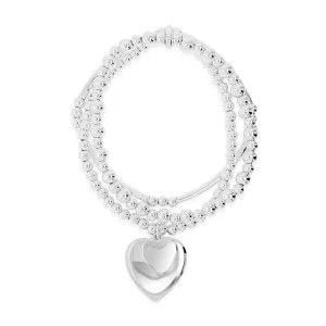 Absolute Jewellery Double Heart Charms Silver Beads Bracelet