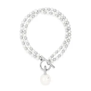 Absolute Jewellery Double Strand Pearls T-Bar Silver Bracelet