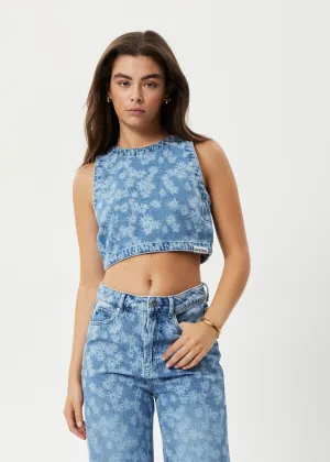 AFENDS Womens Fink - Denim Cropped Top - Worn Blue Daisy