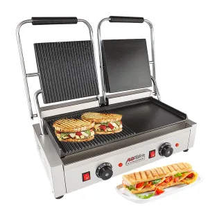 AP-691 Double Panini Press | Half-Ribbed & Half-Flat Sandwich Maker | Cast-Iron Plates | Nonstick Coating