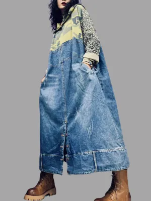 Autumn Print Camouflage Mid-Length Hoodie Denim Dress