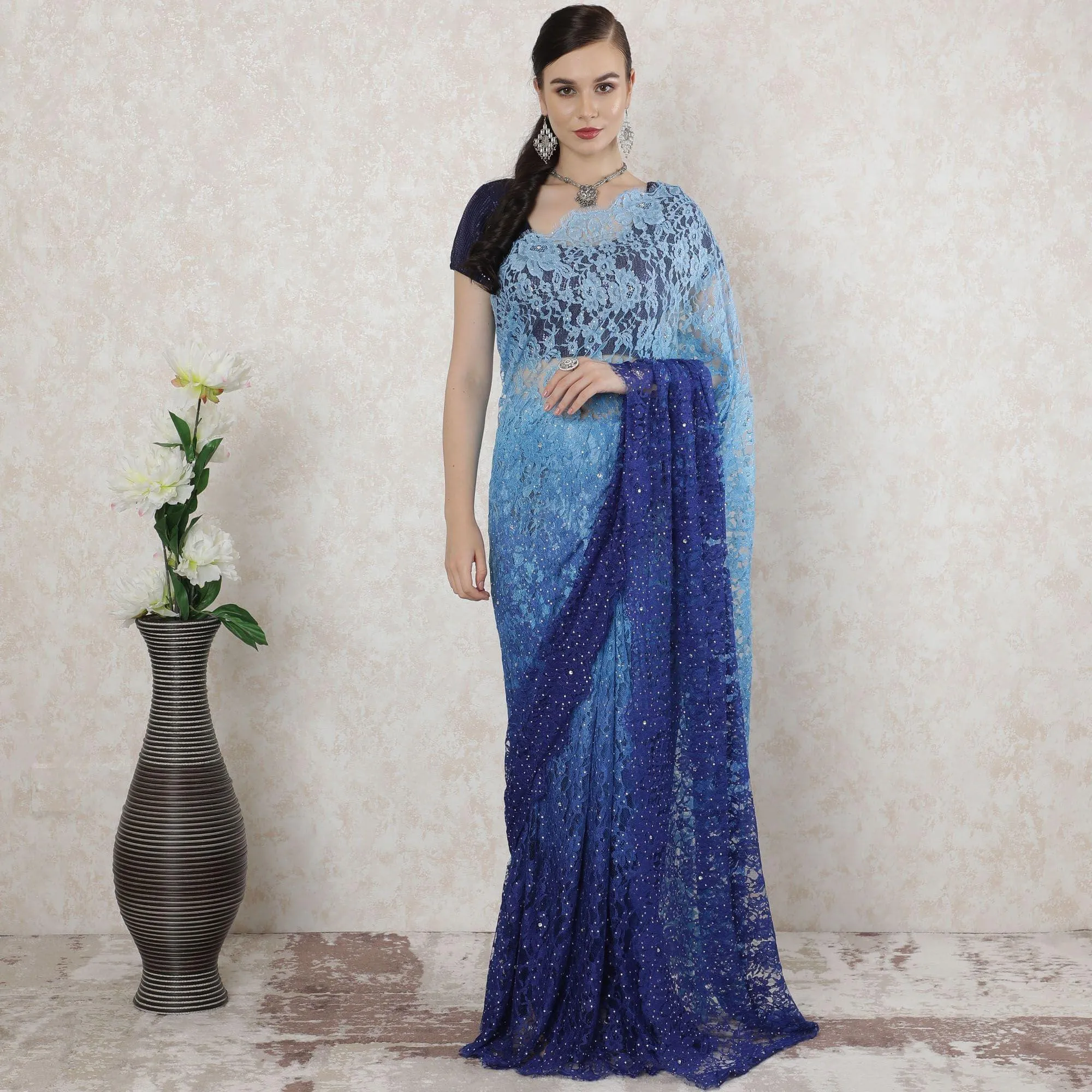 Baby blue to Royal blue Premium pure French chantilly lace saree having stone work in ombre design-D14516