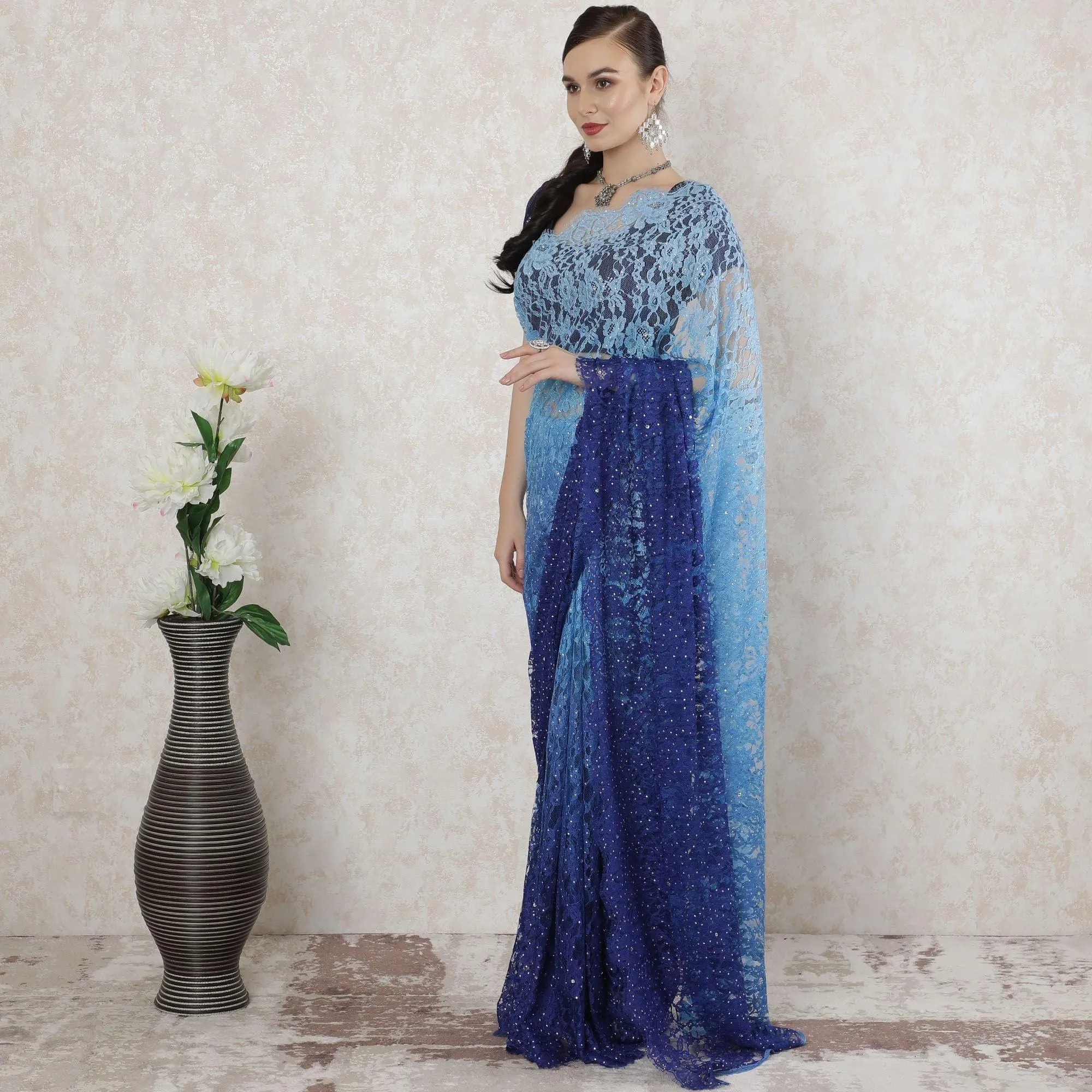 Baby blue to Royal blue Premium pure French chantilly lace saree having stone work in ombre design-D14516