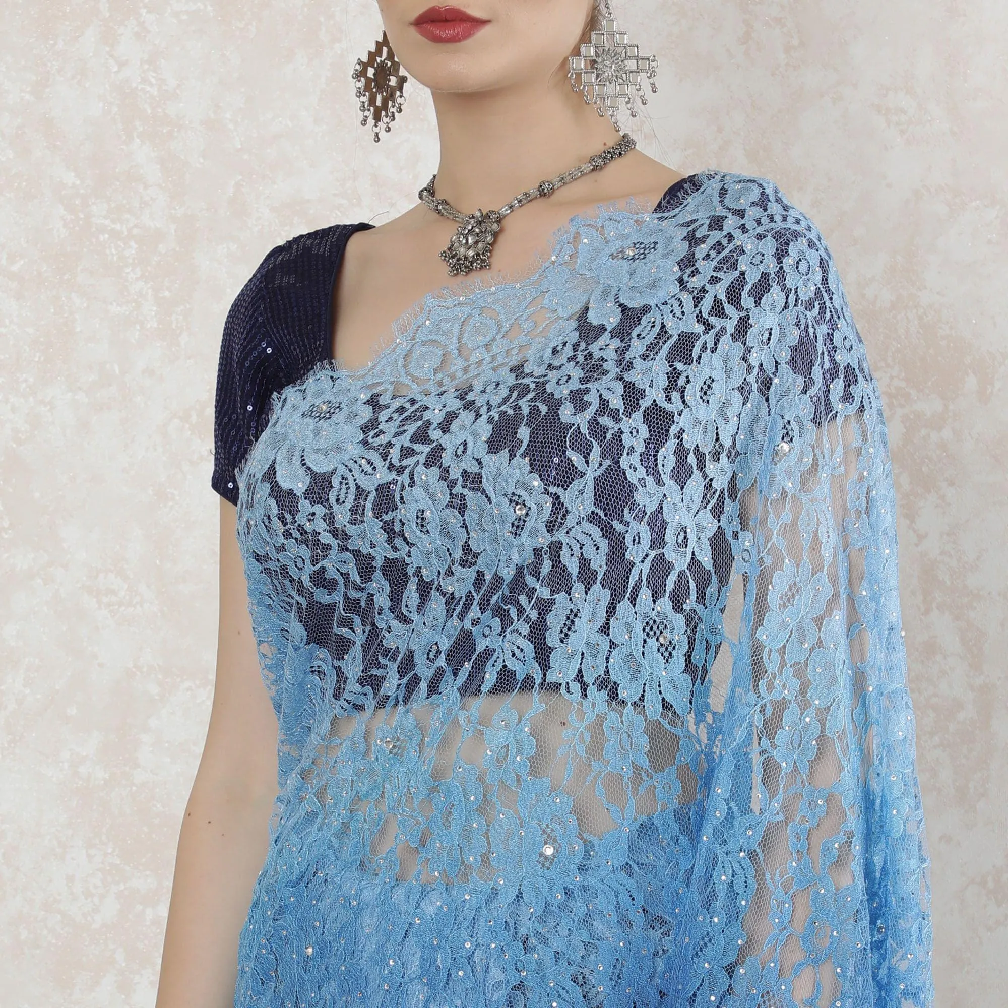 Baby blue to Royal blue Premium pure French chantilly lace saree having stone work in ombre design-D14516