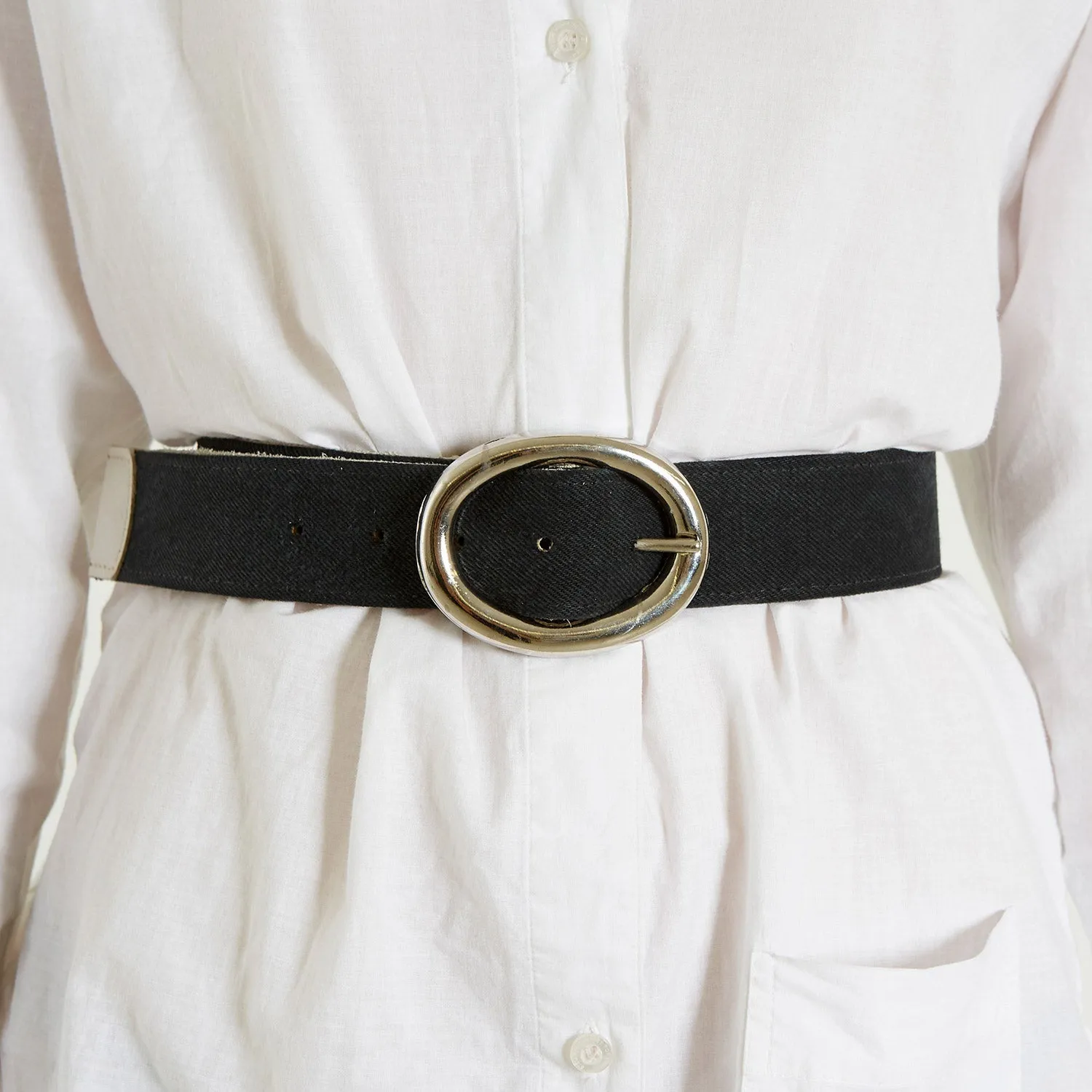 Black Denim Belt with Silver Buckle