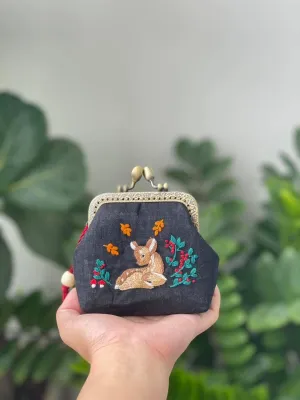 Deer Embroidered Navy Coin Purse