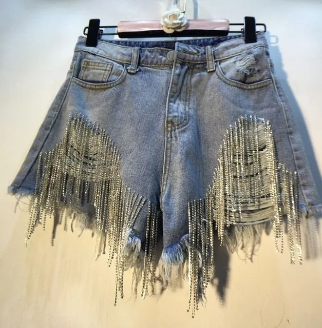 Diamond Beads High Waist Light Blue Denim Shorts