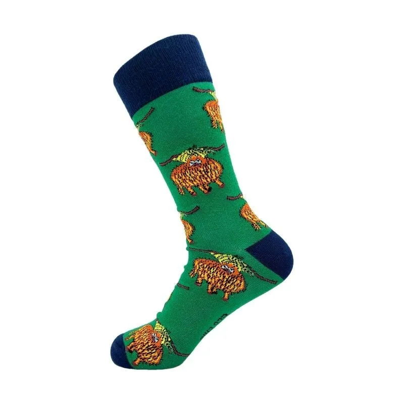 Eco Chic Men's Eco-Friendly Highland Cow Green Bamboo Socks