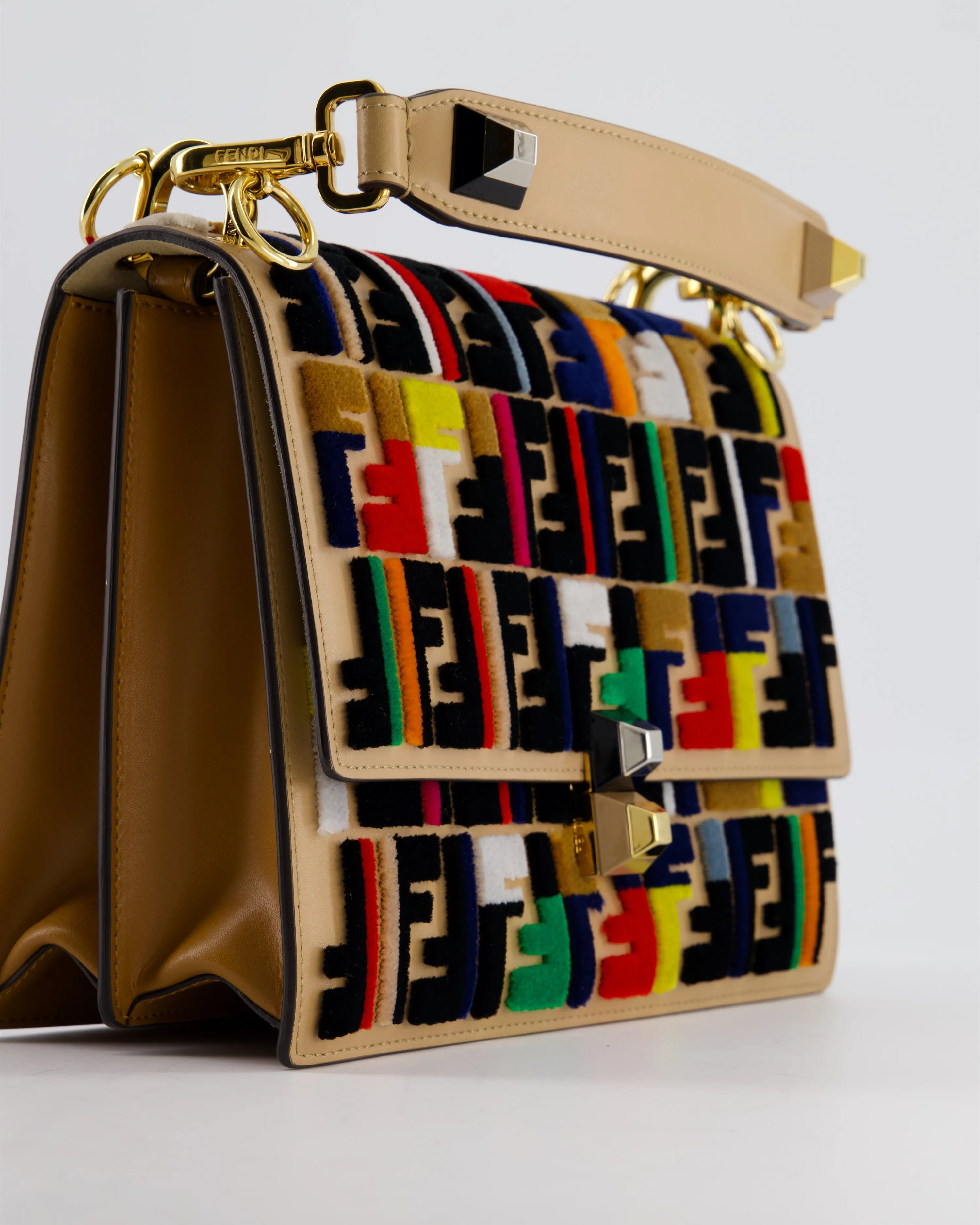 Fendi Leather, Velvet Shoulder Embroidered Studded Medium 'Kan I' Bag with Gold Hardware