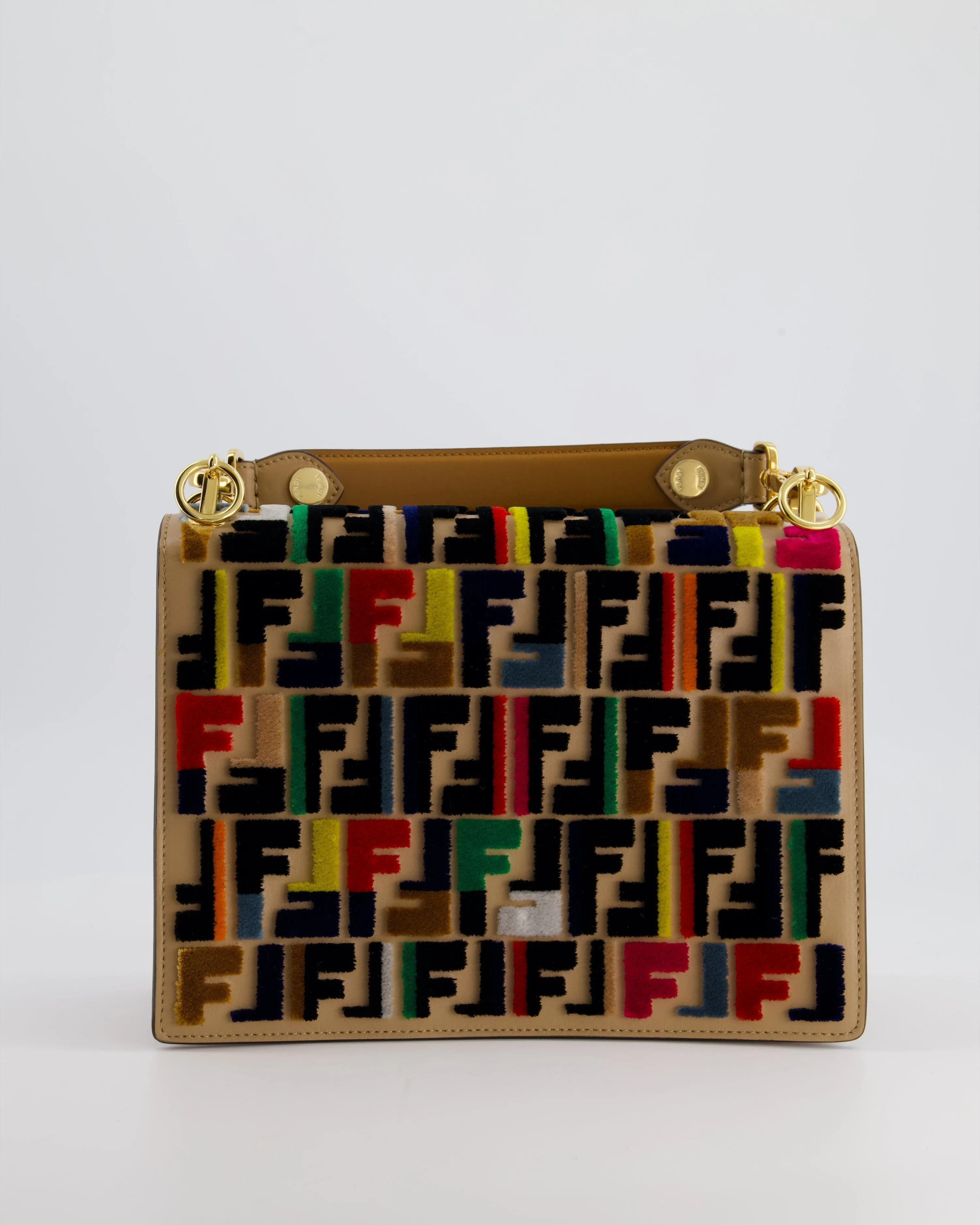 Fendi Leather, Velvet Shoulder Embroidered Studded Medium 'Kan I' Bag with Gold Hardware