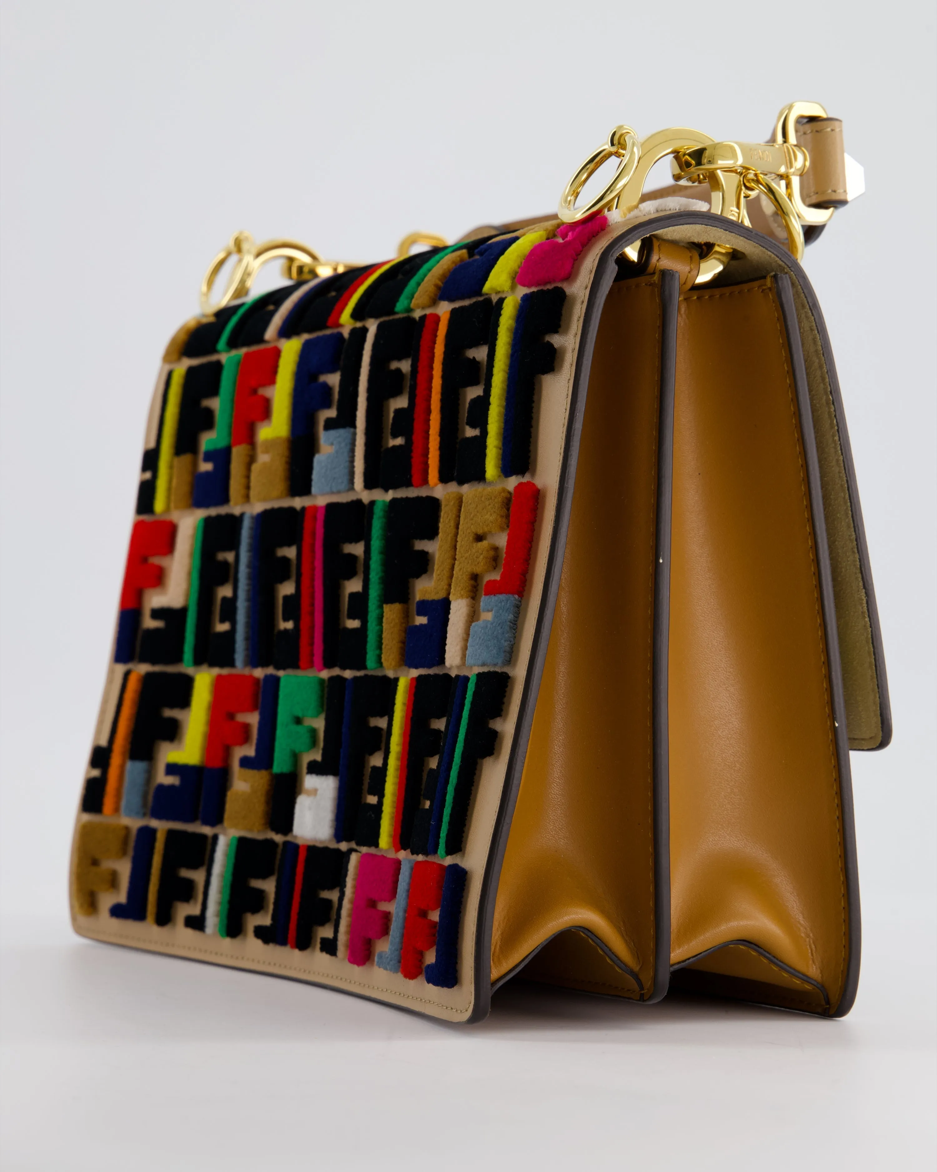 Fendi Leather, Velvet Shoulder Embroidered Studded Medium 'Kan I' Bag with Gold Hardware