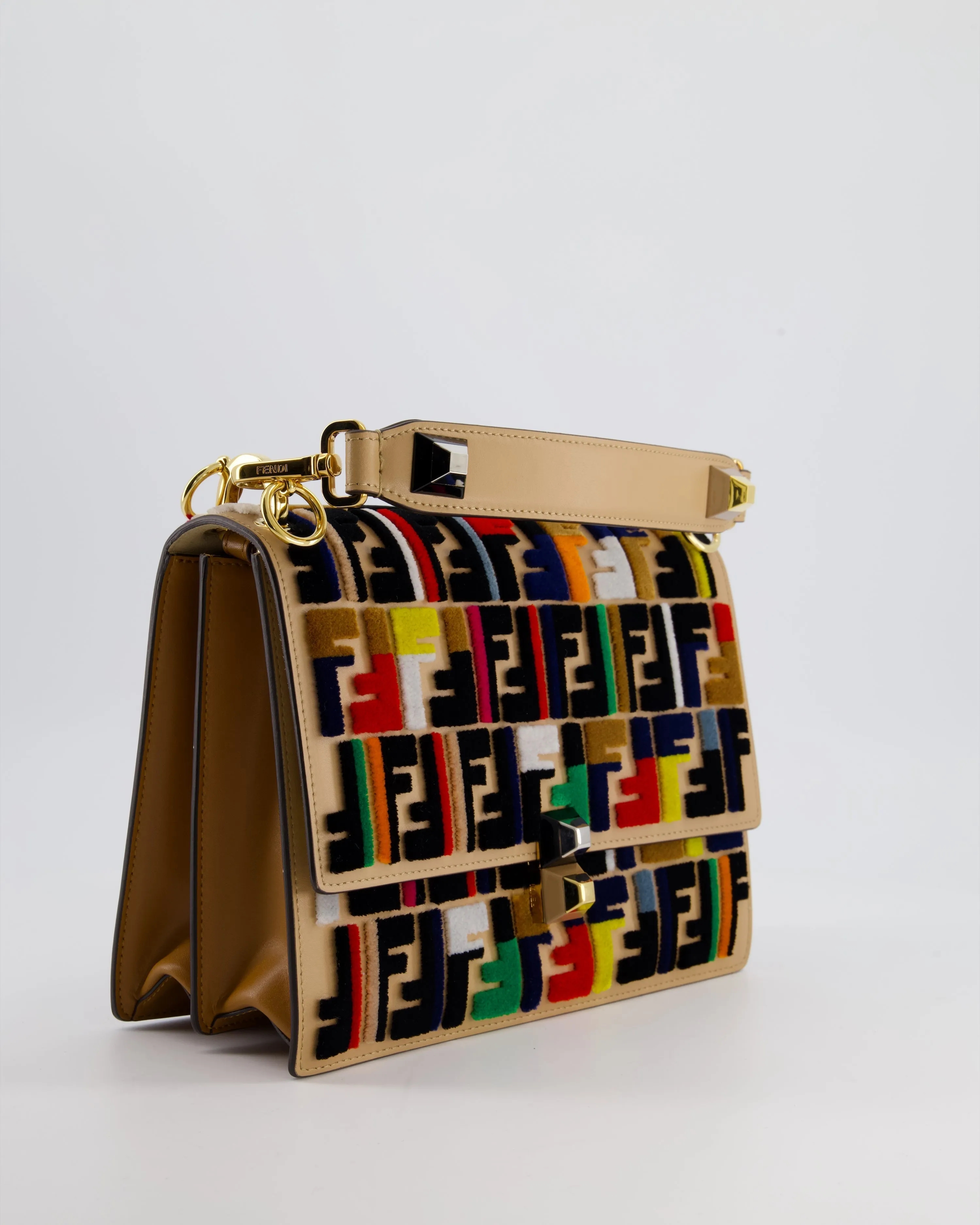 Fendi Leather, Velvet Shoulder Embroidered Studded Medium 'Kan I' Bag with Gold Hardware