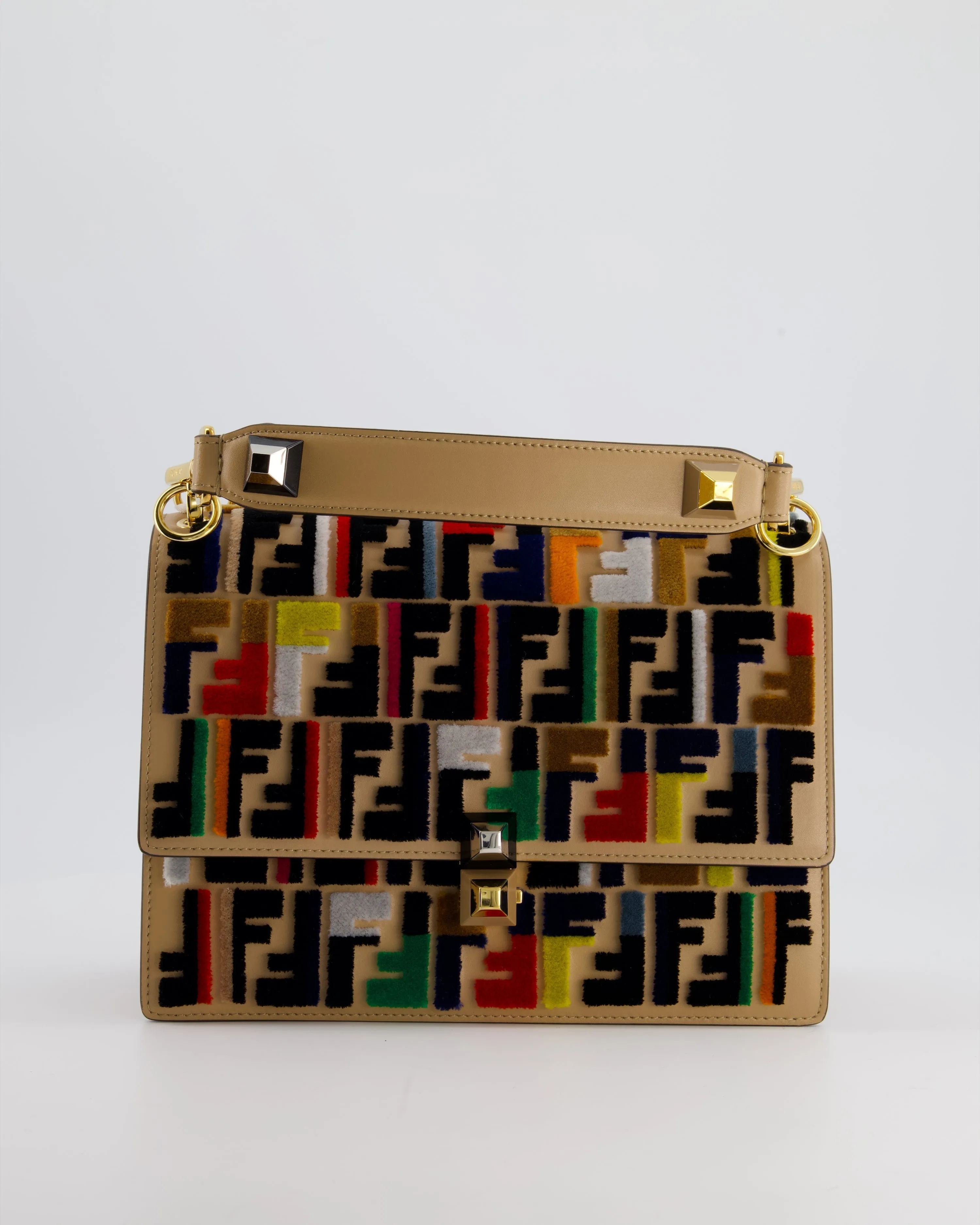 Fendi Leather, Velvet Shoulder Embroidered Studded Medium 'Kan I' Bag with Gold Hardware