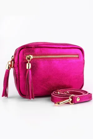 Fleur - Italian Leather Crossbody Bag - Raspberry, Metallic