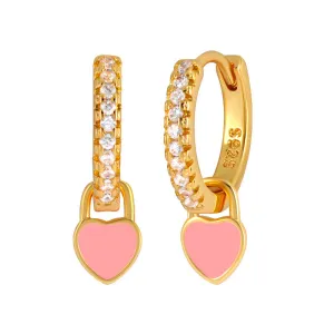 Gold Hoop Earrings with Pink Heart Charms-jlt11707