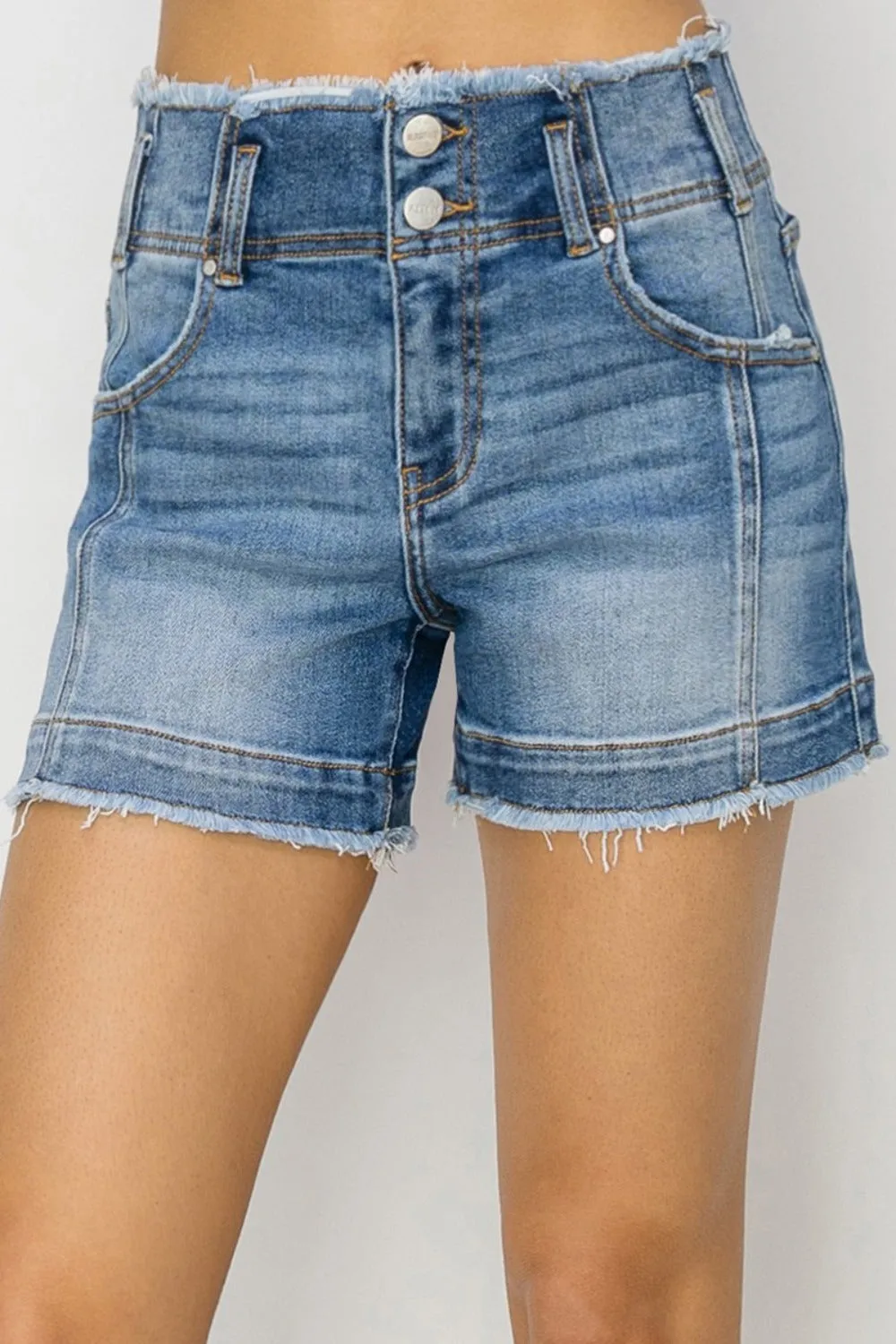 High Rise Seam Detailed Raw Edge Denim Shorts