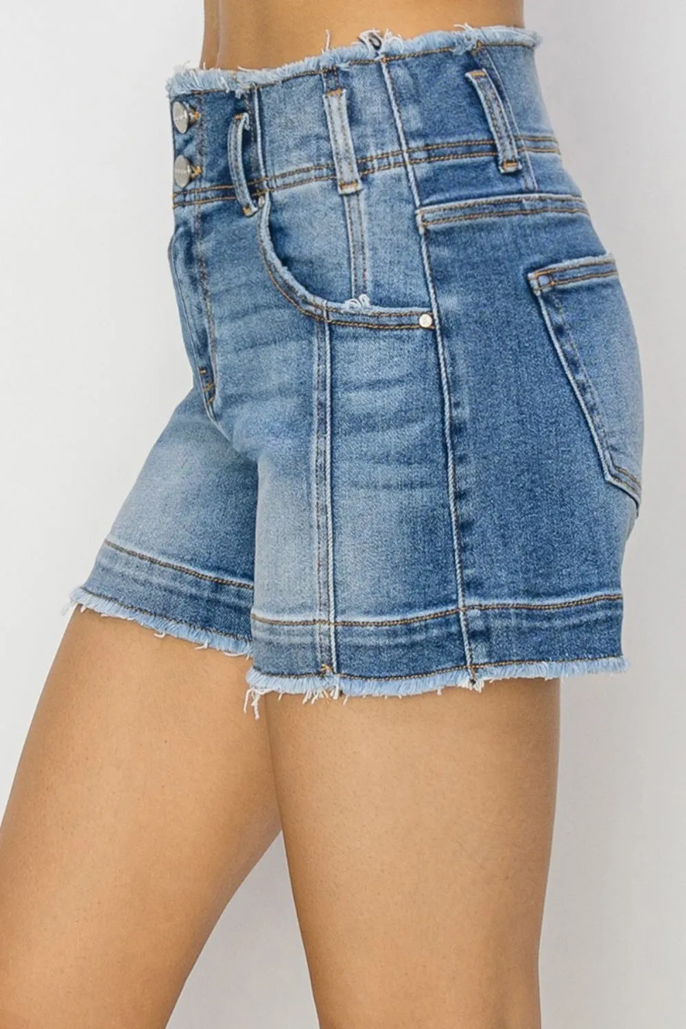 High Rise Seam Detailed Raw Edge Denim Shorts