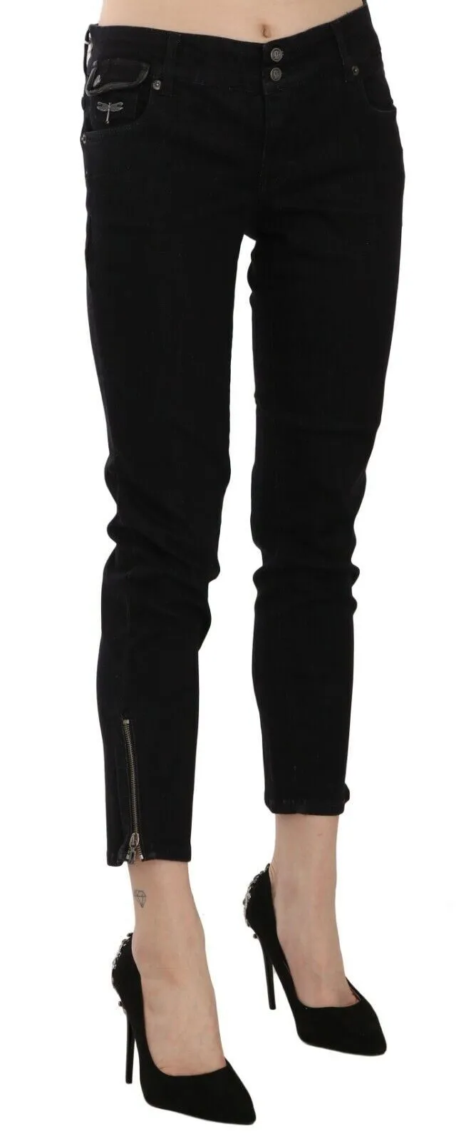 John Galliano Chic Black Mid Waist Slim Cropped Jeans