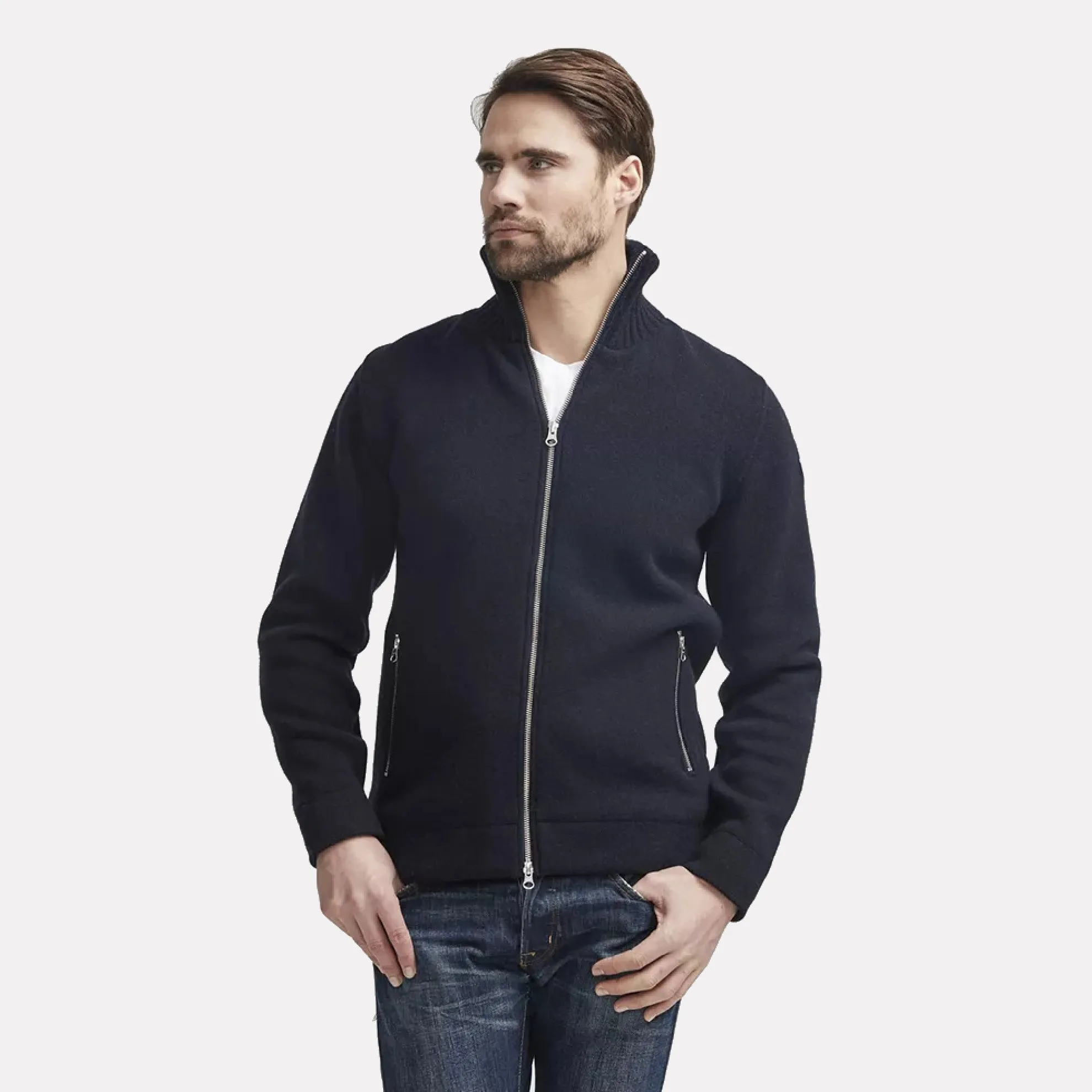 Knitted Windproof Full-Zip Cardigan in a Wool Blend / Navy