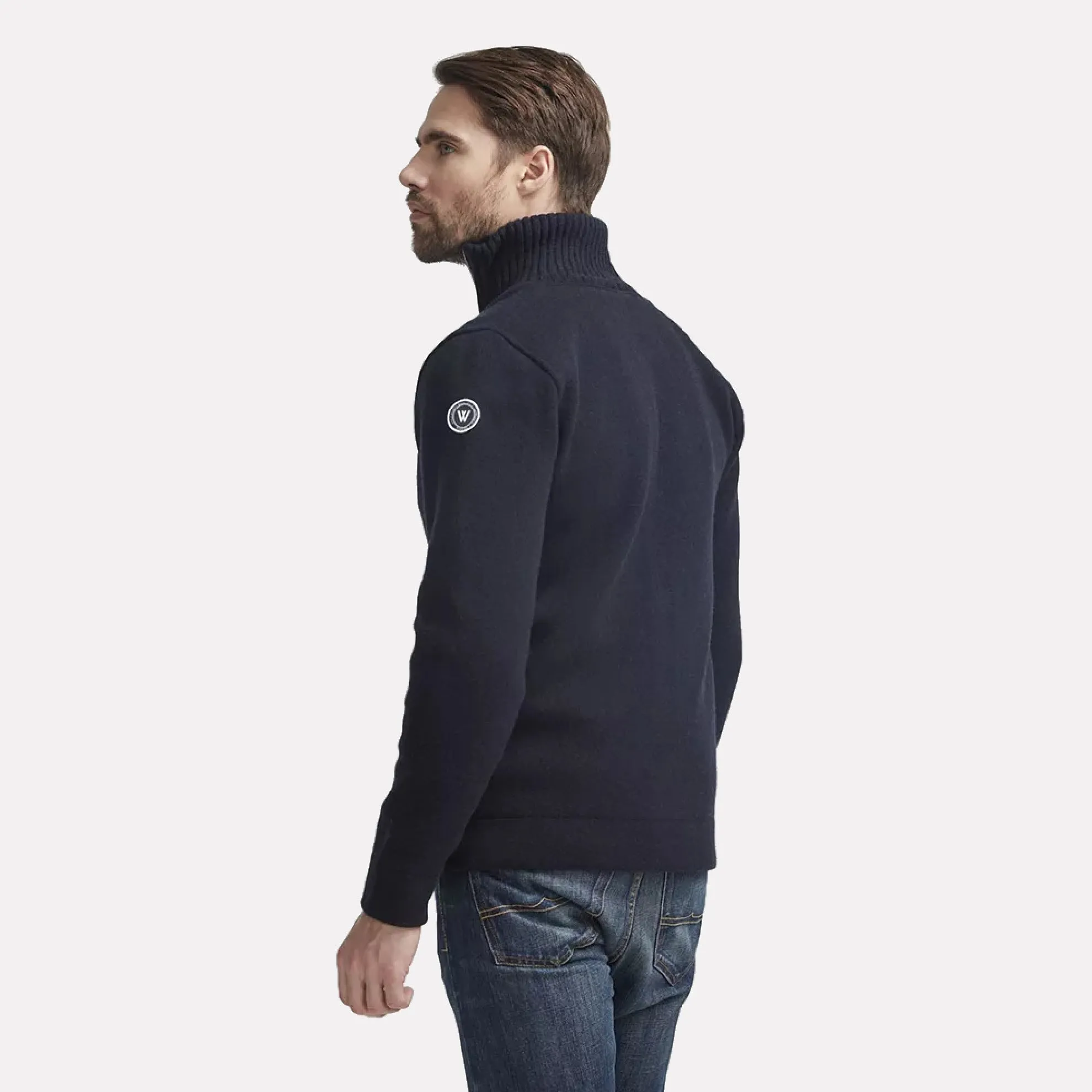 Knitted Windproof Full-Zip Cardigan in a Wool Blend / Navy