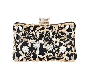 Ladies Evening Rhinestone Handbag Metallic Flower Clutch 1750