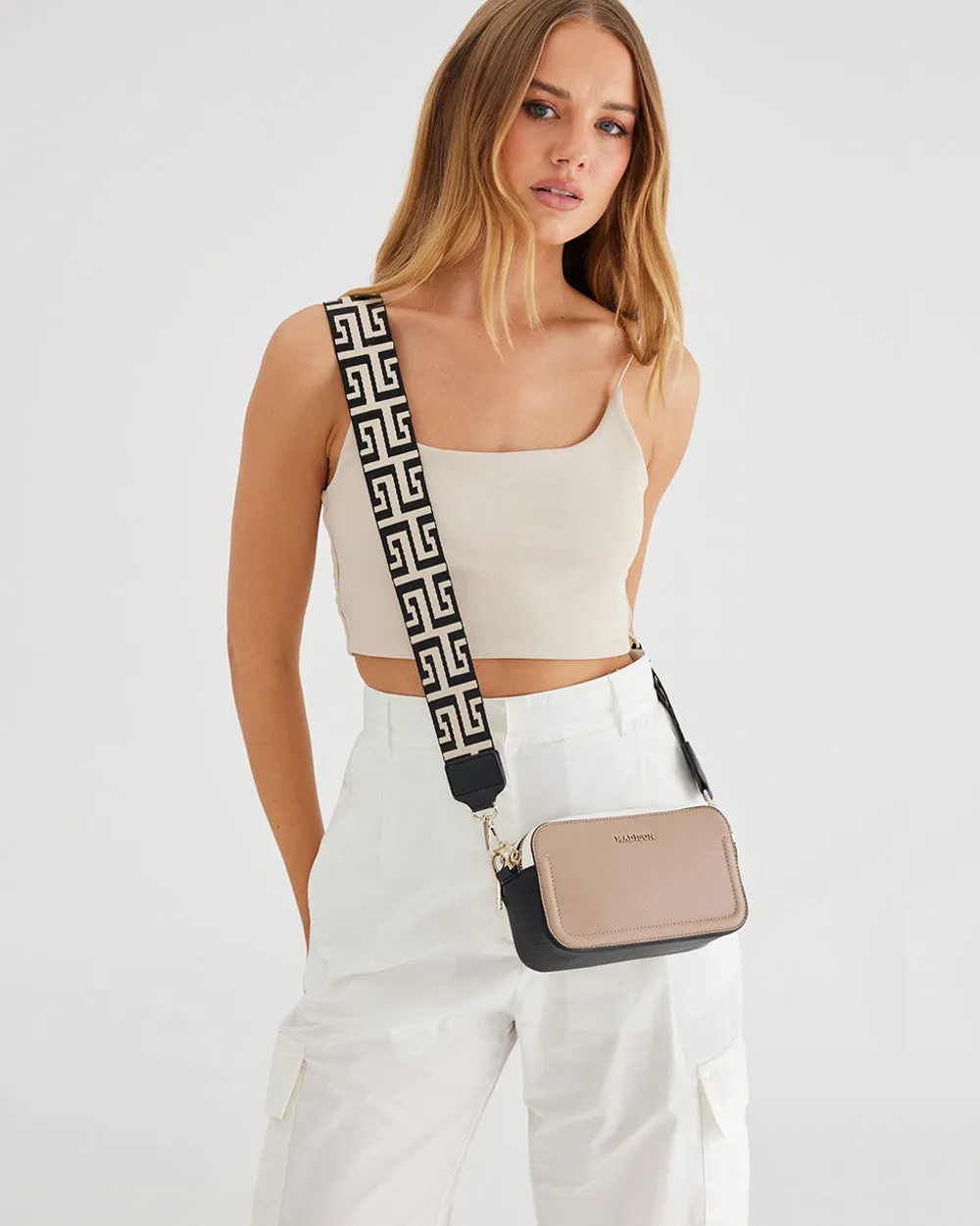 Maddie Double Zip Camera Crossbody Bag   Graphic Bag Strap