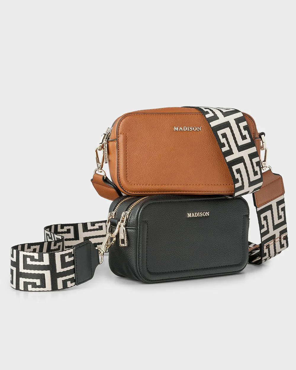 Maddie Double Zip Camera Crossbody Bag   Graphic Bag Strap