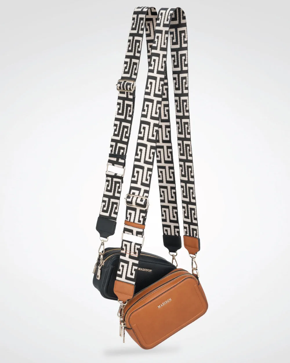 Maddie Double Zip Camera Crossbody Bag   Graphic Bag Strap