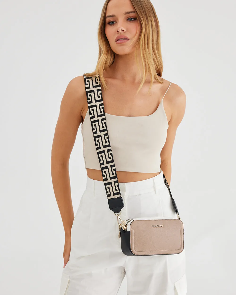 Maddie Double Zip Camera Crossbody Bag   Graphic Bag Strap