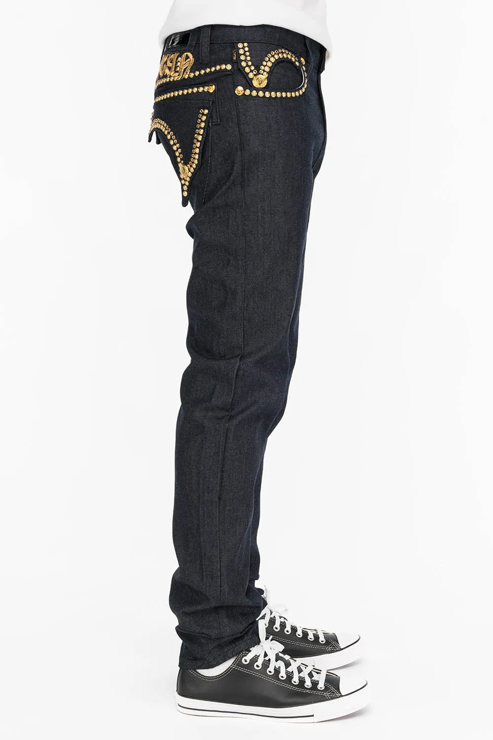 MENS RAW DENIM SLIM FIT KILLER FLAP JEANS WITH O.E. SCRIPT STUDS AND CRYSTALS