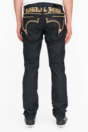 MENS RAW DENIM SLIM FIT KILLER FLAP JEANS WITH O.E. SCRIPT STUDS AND CRYSTALS