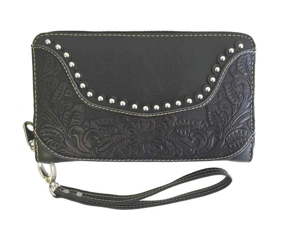 Montana West Concealed Carry Western Tooled Leather Purse and Wallet - Black