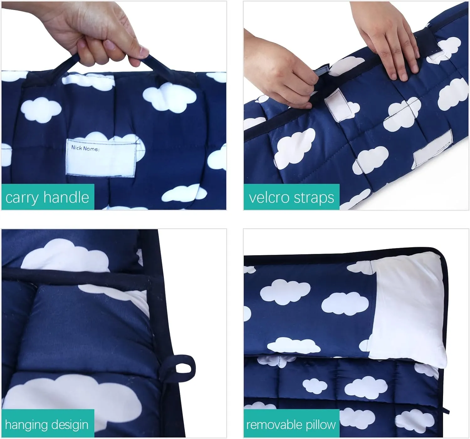 Nap Mat with Removeble Pillow and Fleece Blanket for Regalo My Cot/Joovy Travel Cot, Super Soft & Skin Friendly, Perfect Kids Sleeping Mats/Sleeping Bag for Preschool Daycare Boys and Girls, Navy Cloud