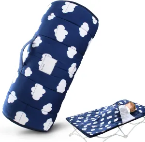 Nap Mat with Removeble Pillow and Fleece Blanket for Regalo My Cot/Joovy Travel Cot, Super Soft & Skin Friendly, Perfect Kids Sleeping Mats/Sleeping Bag for Preschool Daycare Boys and Girls, Navy Cloud