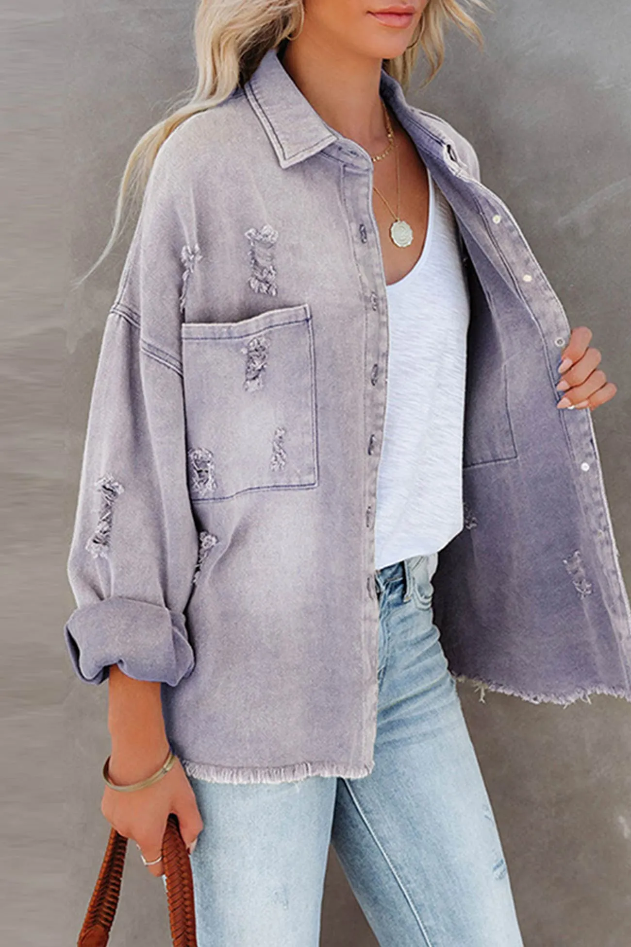 Pocketed Solid Color Distressed Denim Jacket