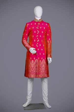 Rani Coloured Sherwani with Butta Work And Dupatta