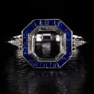 SAPPHIRE DIAMOND RADIANT ASSCHER CUT SETTING ENGAGEMENT RING SEMI-MOUNT VINTAGE