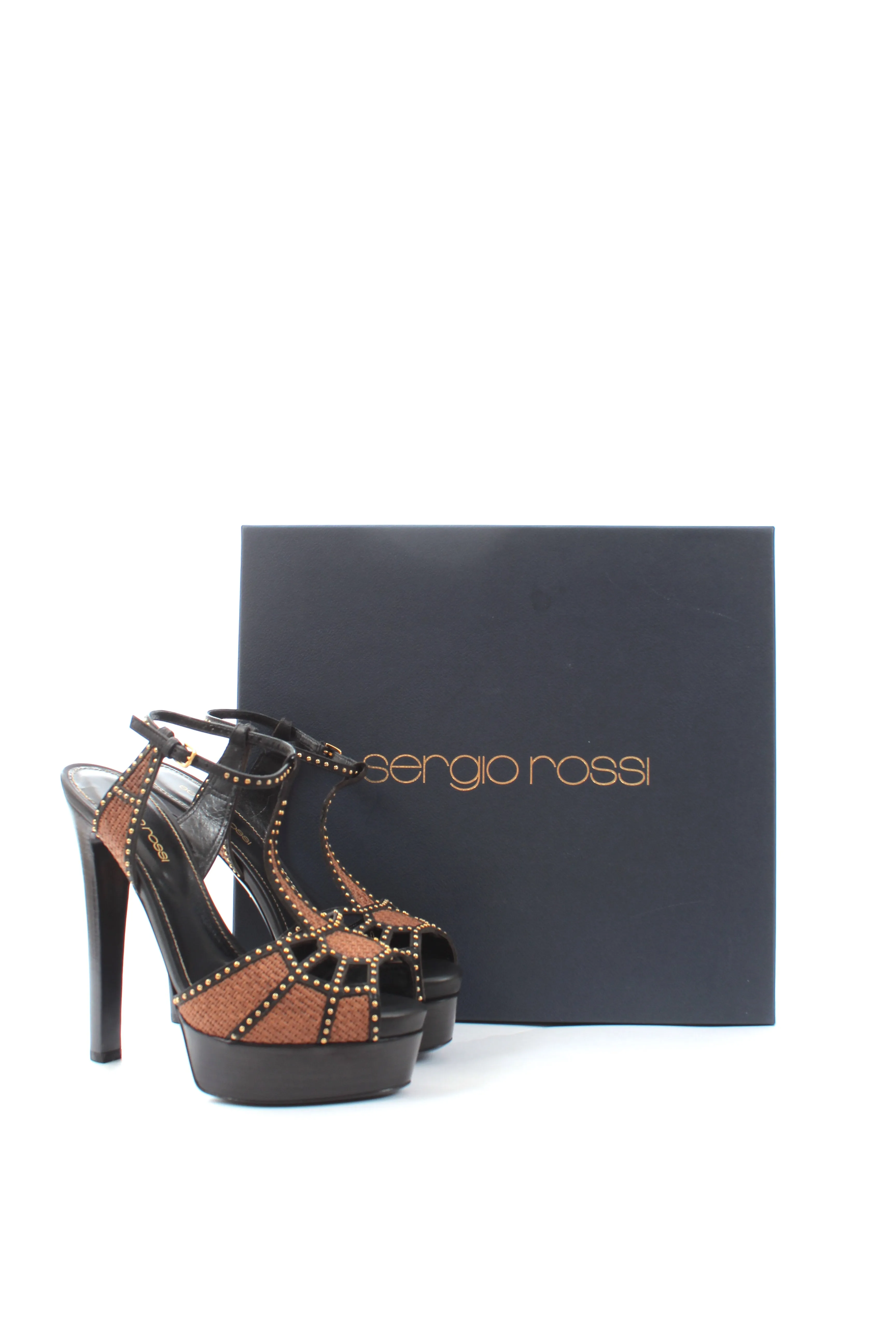 Sergio Rossi Studded Woven and Leather Platform Sandals