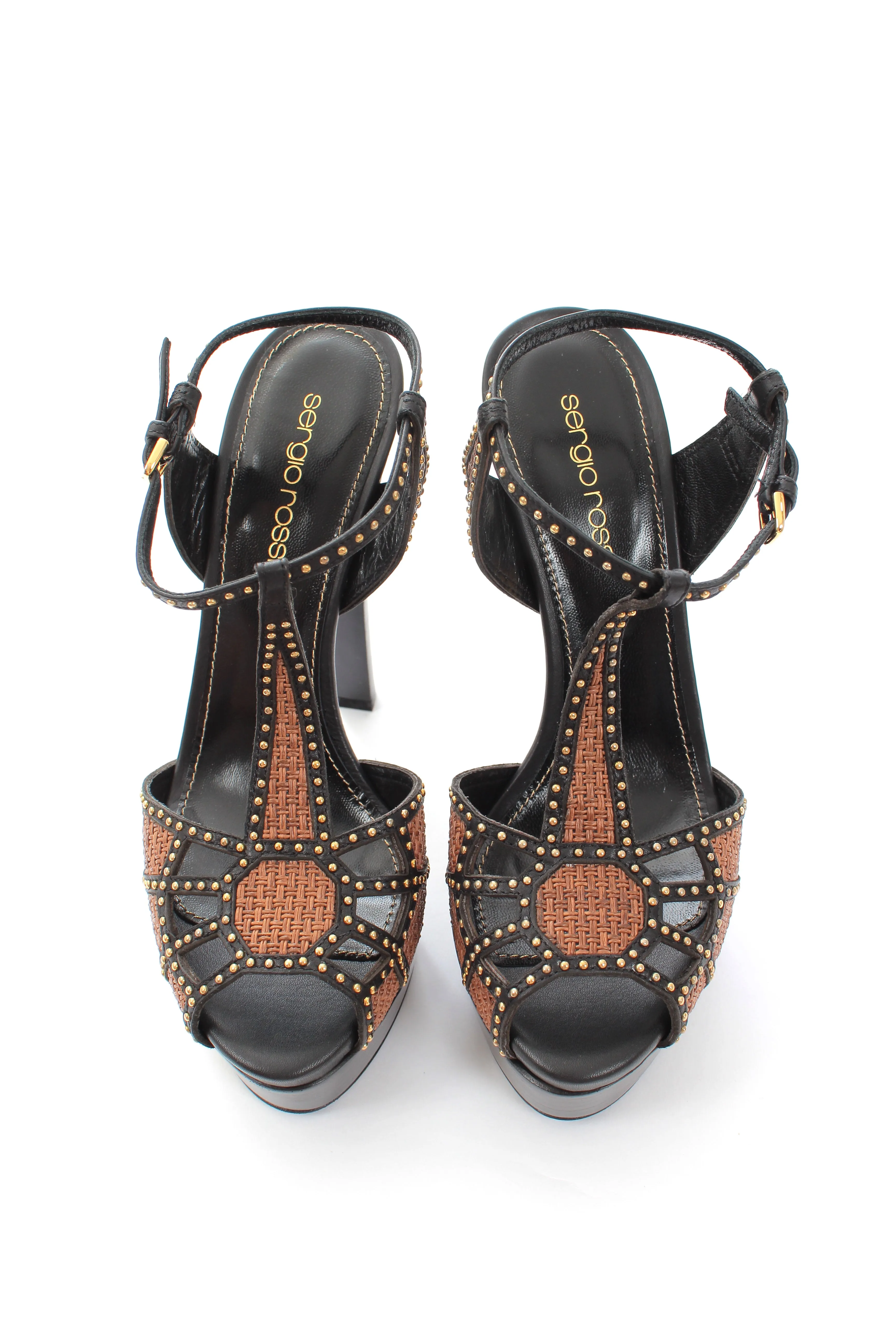 Sergio Rossi Studded Woven and Leather Platform Sandals