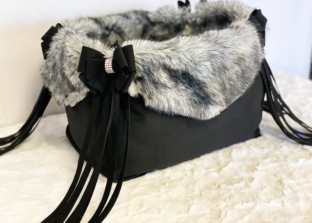 Susan Lanci Luxury Purse Carrier Collection- Nouveau Bow with Fringe Black with Grey Black Tipped Faux Fur