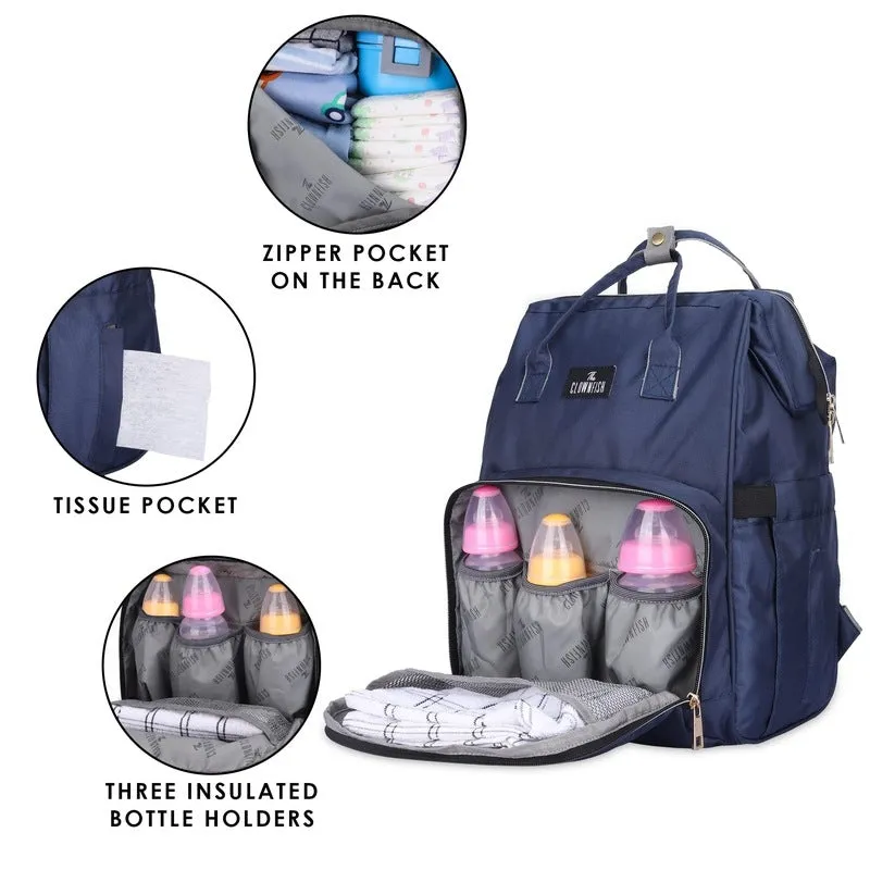 THE CLOWNFISH Diaper Dash Series Multipurpose Diaper Bag/Backpack/Nappy Bag/Handbag/Maternity Bag For Baby Essentials with Bottle Organizer & Tissues Dispensing Pocket in Polyester (Navy Blue)