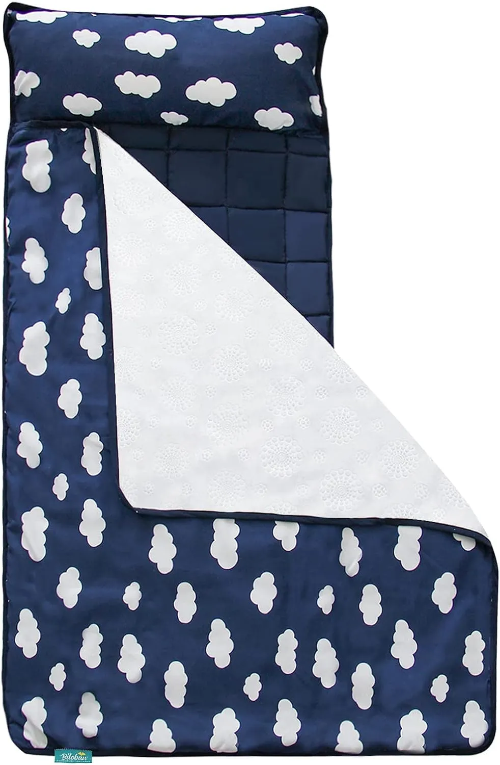 Toddler Nap Mat with Removable Pillow and Blanket, Lightweight Kids Nap Mats for Preschool Daycare, Travel Sleeping Bag for Boys Girls, 50" x 21" Fit Standard Cot, Super Soft and Cozy, Navy Cloud