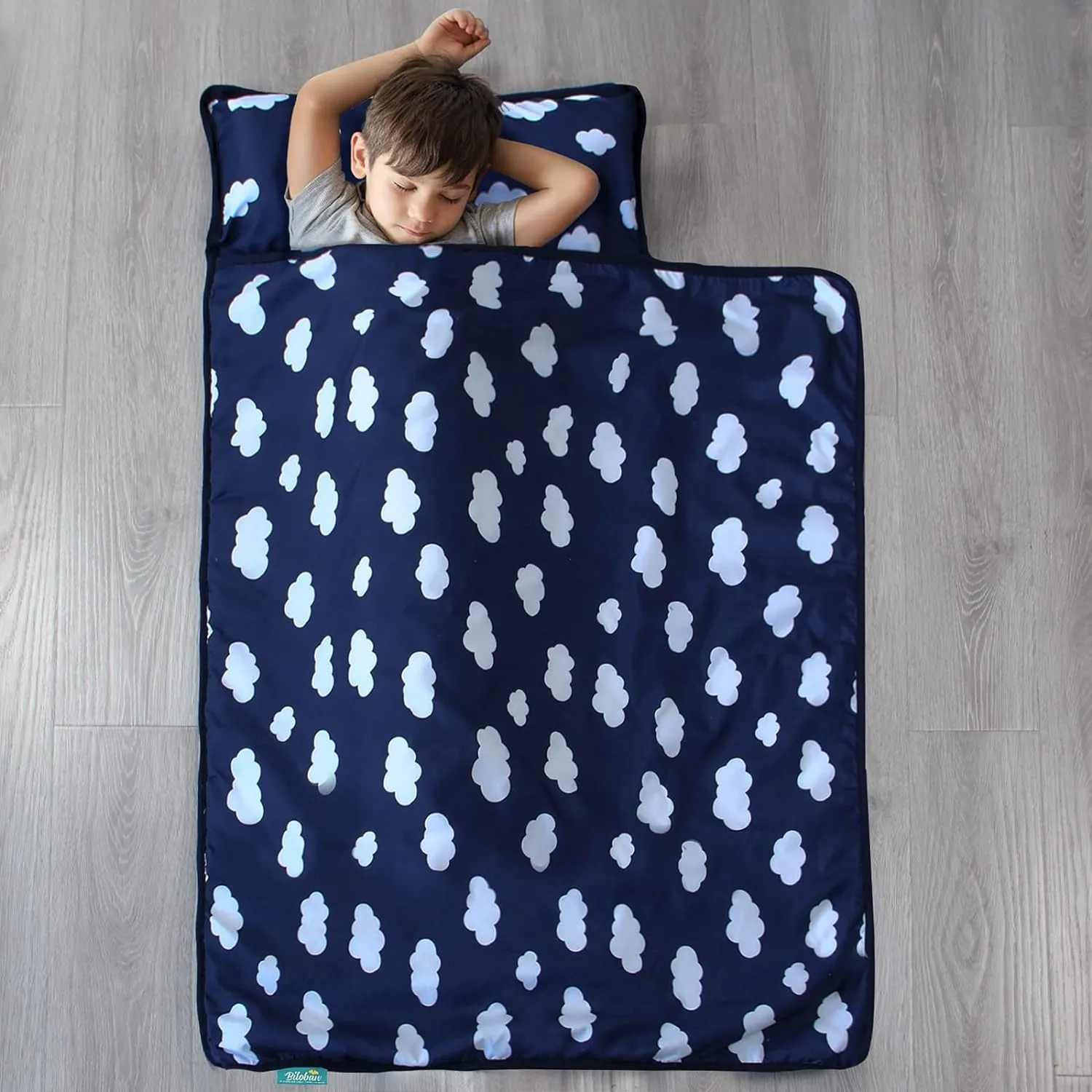 Toddler Nap Mat with Removable Pillow and Blanket, Lightweight Kids Nap Mats for Preschool Daycare, Travel Sleeping Bag for Boys Girls, 50" x 21" Fit Standard Cot, Super Soft and Cozy, Navy Cloud