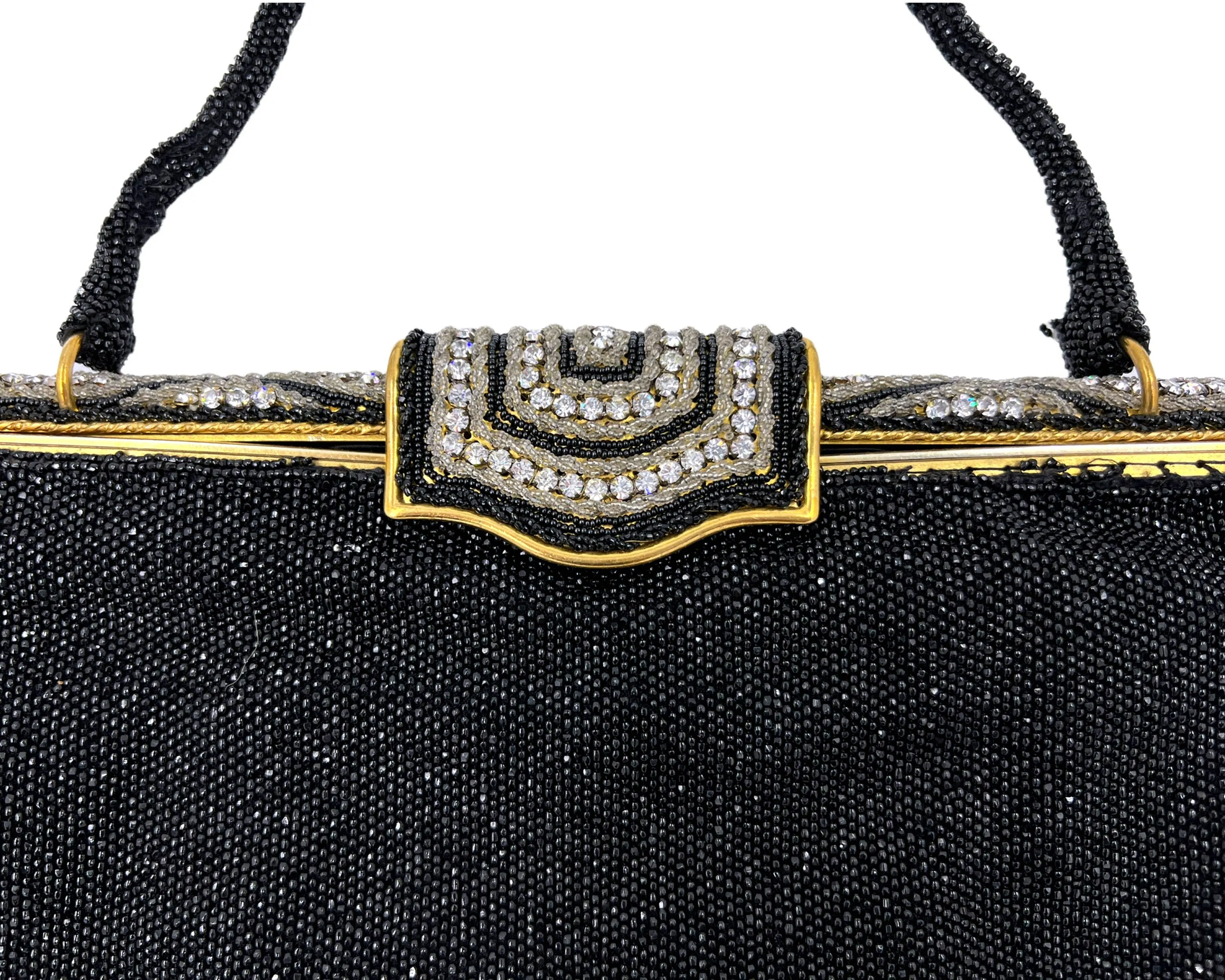 Vintage 1950s Evening Bag w Diamante Clasp Black Beaded Purse Hand Made in France - VFG