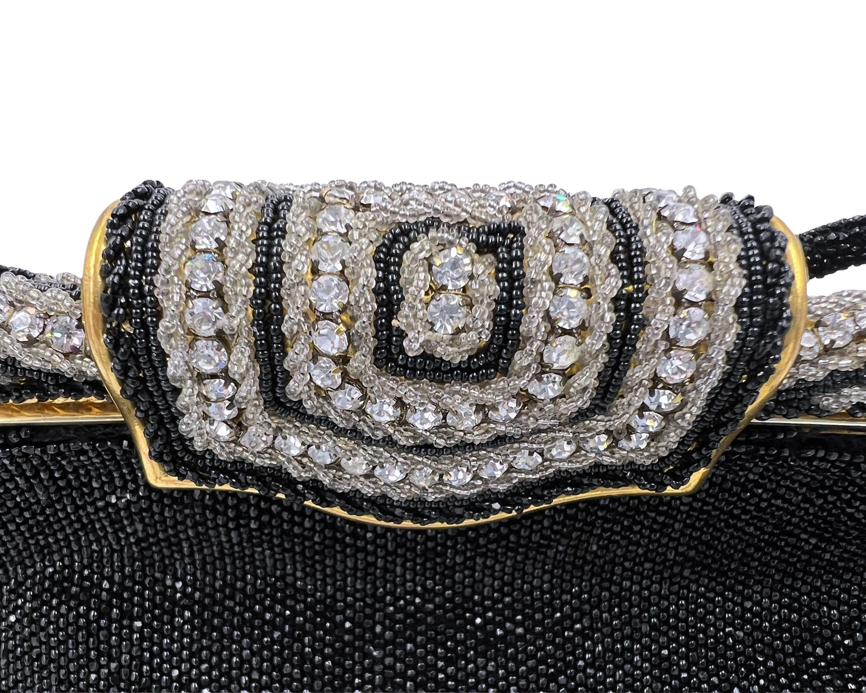 Vintage 1950s Evening Bag w Diamante Clasp Black Beaded Purse Hand Made in France - VFG