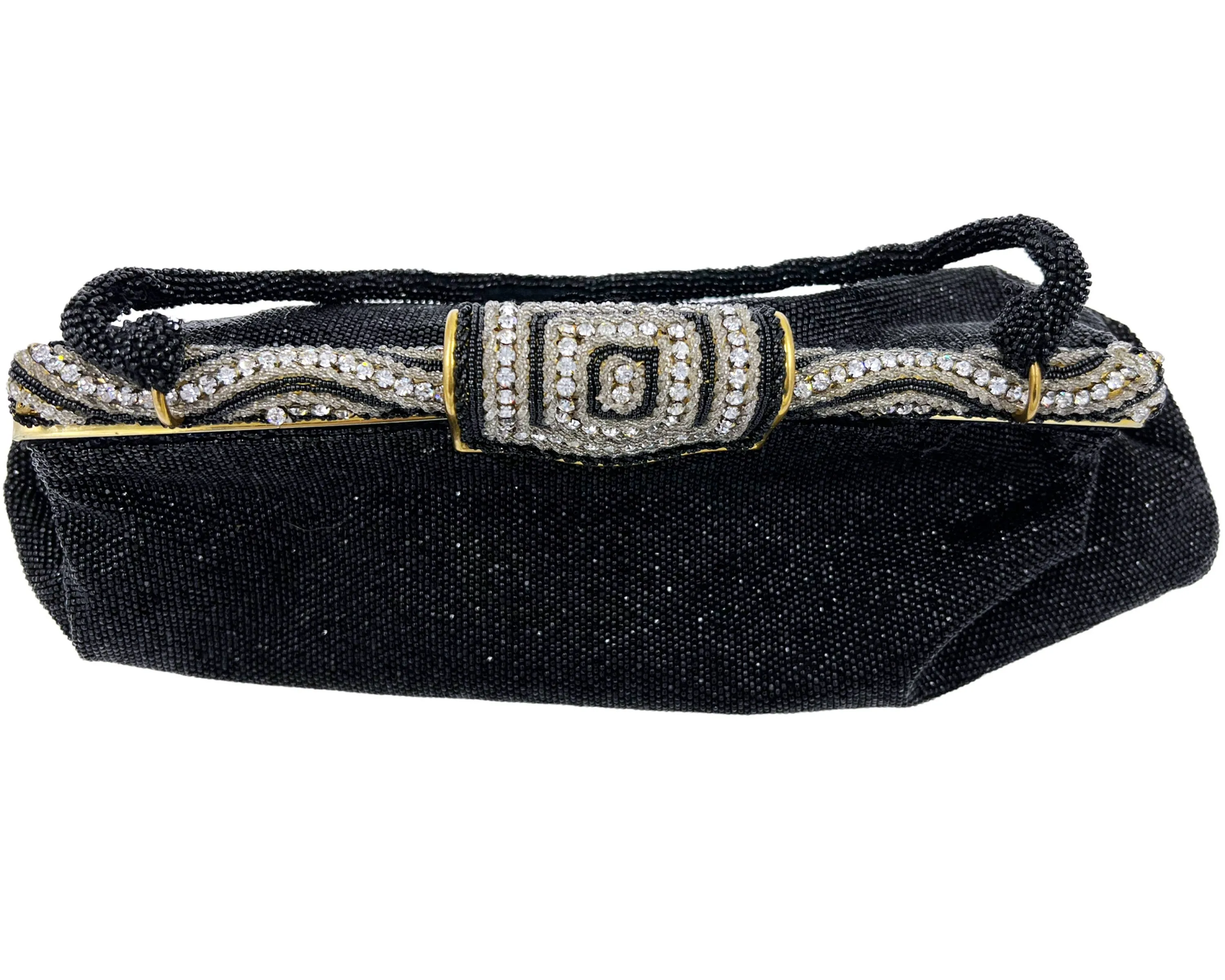 Vintage 1950s Evening Bag w Diamante Clasp Black Beaded Purse Hand Made in France - VFG