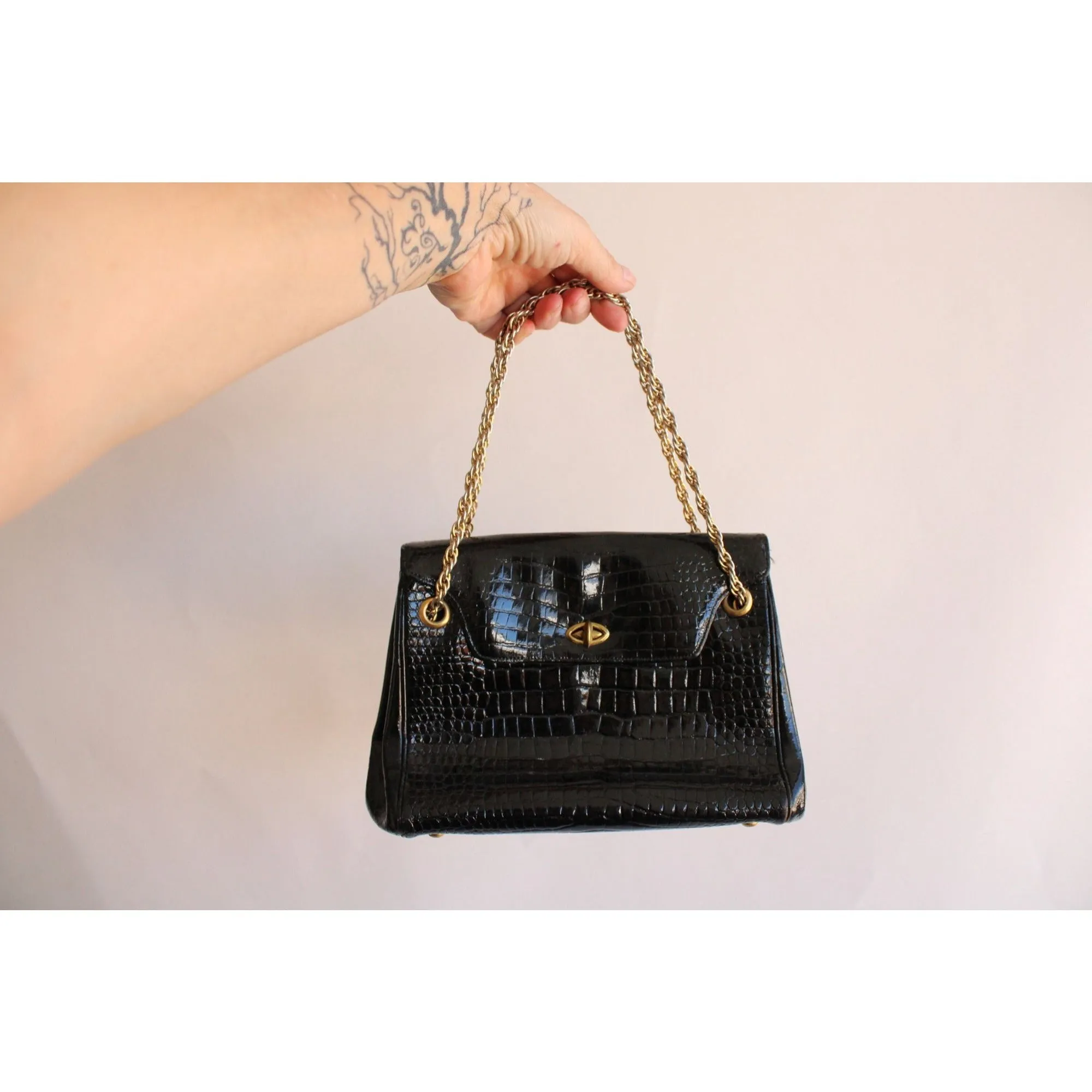 Vintage 1960s Koret Stamped Black Patent Leather Handbag